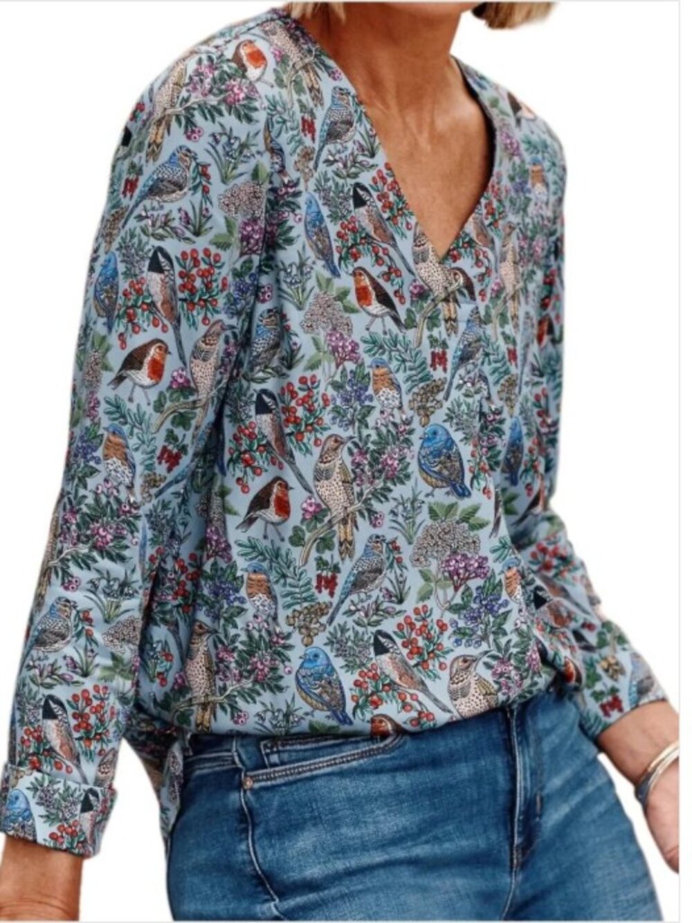 J.Jill Bird Lover Botanical Print Soft Blue Viscose V-Neck Top Blouse Size Large